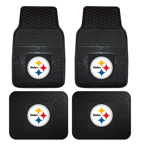 NFL Pittsburgh Steelers vinyl car mat set featuring four logo-branded auto mats with team colors and graphics.