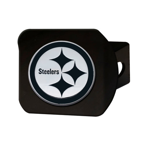 NFL Pittsburgh Steelers chrome on black hitch cover featuring team logo and durable metal construction.