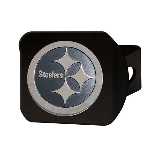 NFL Pittsburgh Steelers chrome hitch cover on black background, durable metal car accessory with team logo.
