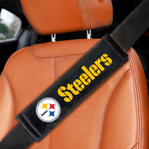 Pair of NFL Pittsburgh Steelers embroidered auto seatbelt pads by Logo Brands, featuring team logo and comfortable padding.