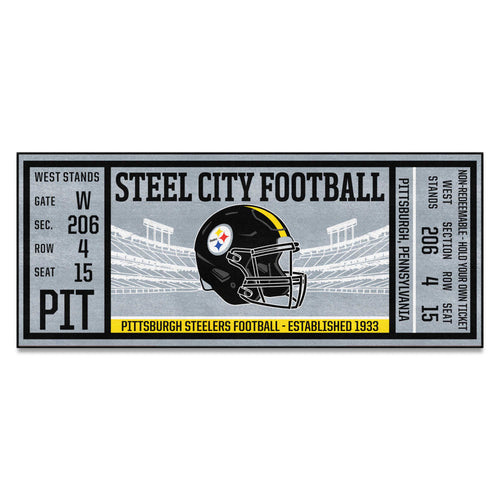 NFL Pittsburgh Steelers ticket runner mat by Logo Brands, featuring team logo and design, ideal for game room or sports fan decor.
