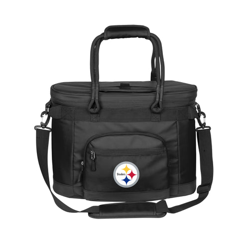 Pittsburgh Steelers 35 Can Flex Cooler by Logo Brands, black and gold cooler with Steelers logo, featuring a flexible design and carrying handle.