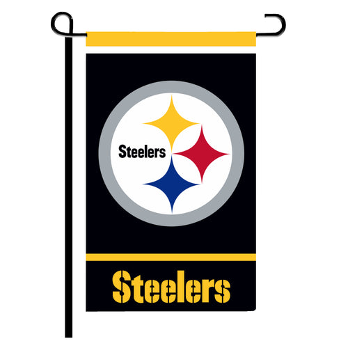 Pittsburgh Steelers garden flag 12x18 inches with team logo and colors, made by Logo Brands, for outdoor display.