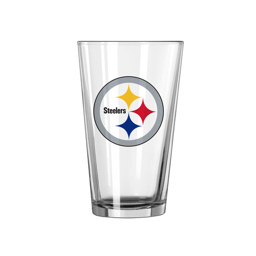 Pittsburgh Steelers 16oz logo pint glass featuring team emblem, clear glass drinkware with steelers branding.