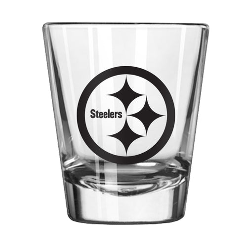 Pittsburgh Steelers 2oz Gameday shot glass with team logo, made of clear glass, ideal for sports fans and collectors