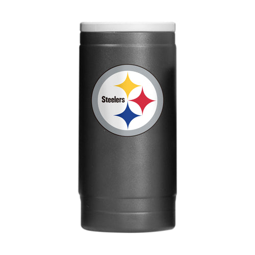 Pittsburgh Steelers Flipside Powder Coat Slim Can Coolie from Logo Brands, featuring team logo and black powder-coated finish.