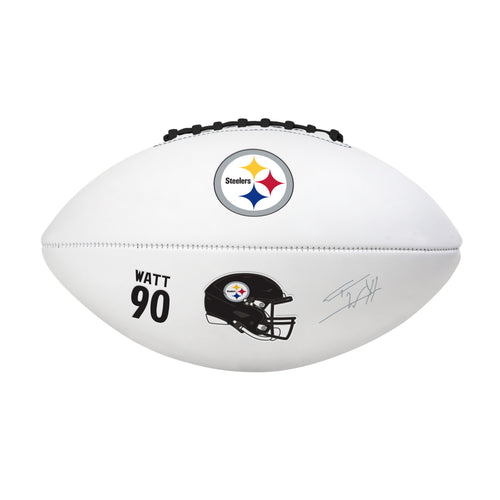 Full-size Pittsburgh Steelers TJ Watt autograph football by Logo Brands, featuring signature on a recreation football.