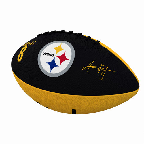 Junior size rubber football featuring Pittsburgh Steelers logo and Aaron Rodgers branding, perfect for recreation and casual play.