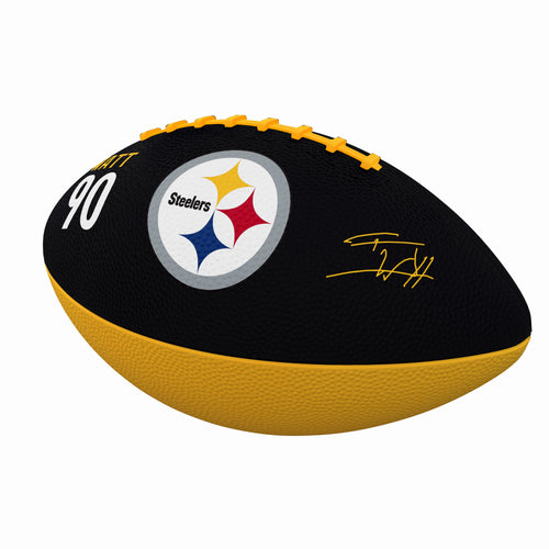 Junior size rubber football featuring the Pittsburgh Steelers logo and TJ Watt branding, ideal for recreation and outdoor play.
