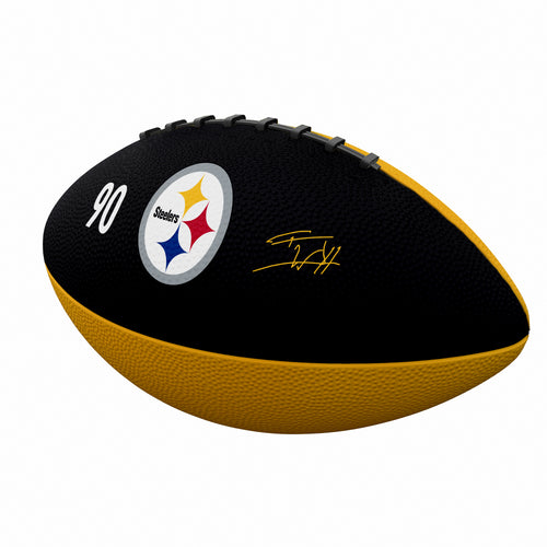 Mini size rubber football featuring Pittsburgh Steelers TJ Watt logo, perfect for recreation and fan play.