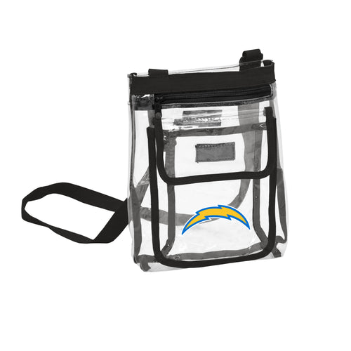 Clear crossbody bag with Los Angeles Chargers logo, featuring a transparent design and adjustable strap for fans.