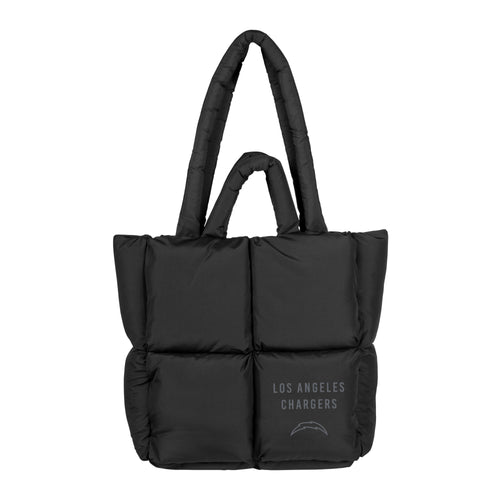 Black puff tote bag featuring Los Angeles Chargers logo, made by Logo Brands, with sturdy handles and spacious interior.
