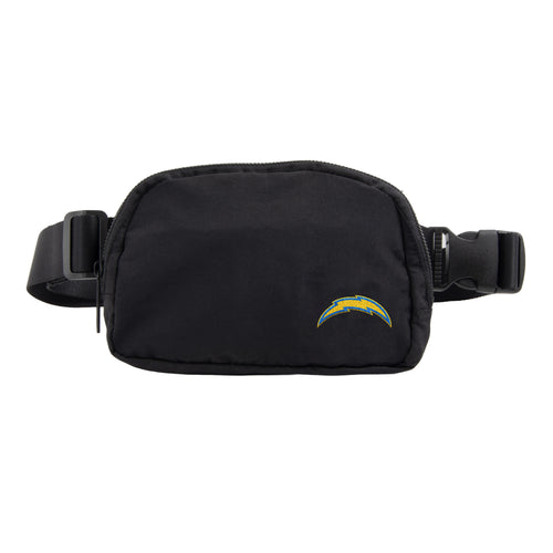 LA Chargers belt bag by Logo Brands, stylish black bag with team logo, adjustable strap, and multiple compartments for convenience.