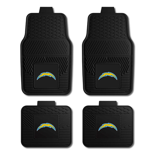 NFL Los Angeles Chargers vinyl car mat set, 4-piece auto mats with team logo and design, by Logo Brands.