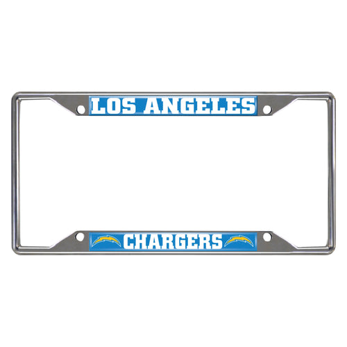 Los Angeles Chargers chrome license plate frame with team logo and branding, designed for car license plates.