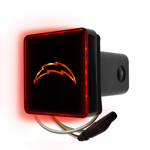 NFL Los Angeles Chargers lighted hitch cover with team logo, fits standard trailer hitches, ideal for Chargers fans.