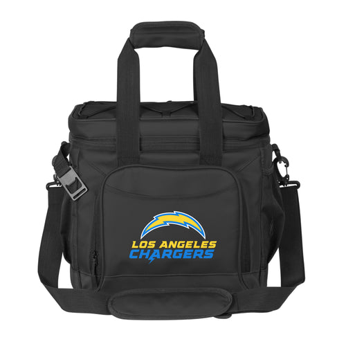 Black LA Chargers 24-can flex cooler by Logo Brands, featuring team logo and durable design for outdoor and game day use.