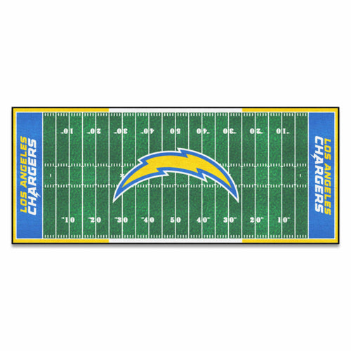 NFL Los Angeles Chargers football field runner mat with team logo, durable surface, ideal for game room or sports fan decor.