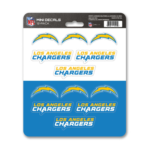 Set of 12 Los Angeles Chargers mini decals by Logo Brands featuring team logos on adhesive stickers.