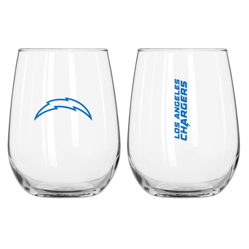 Los Angeles Chargers 16oz Gameday Curved Beverage Glass with Chargers logo, clear drinkware for sports fans and game day.