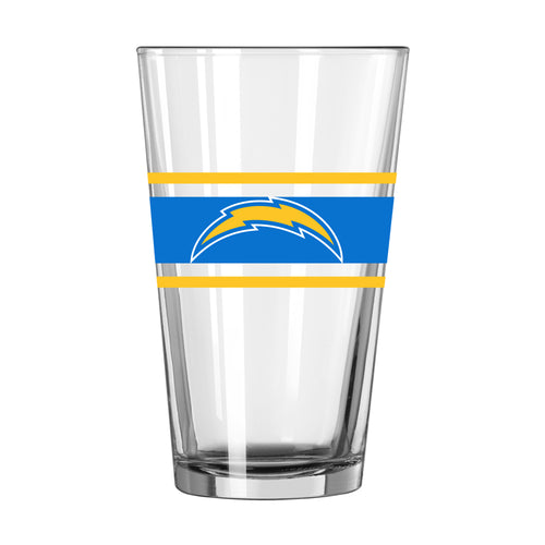 Los Angeles Chargers 16oz stripe pint glass, Logo Brands drinkware with Chargers logo and blue and white stripe design.