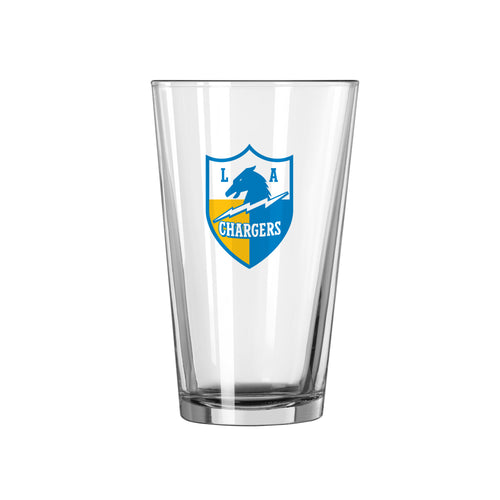 Los Angeles Chargers 16oz retro pint glass with team logo, clear drinkware for fans and sports enthusiasts.