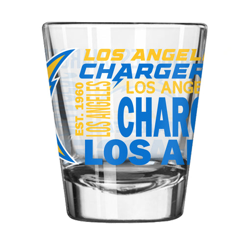 Los Angeles Chargers 2oz spirit shot glass with team logo and colors, made of drinkware material, by Logo Brands.