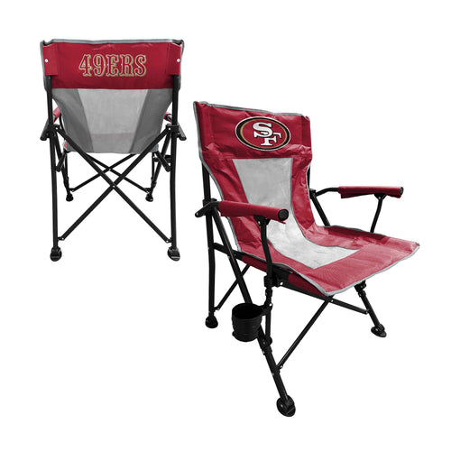 San Francisco 49ers hard armchair by Logo Brands, featuring team logo and red and gold team colors, sturdy furniture design