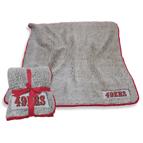 San Francisco 49ers Frosty Fleece blanket by Logo Brands, featuring team logo and red and gold colors, soft and cozy fabric.