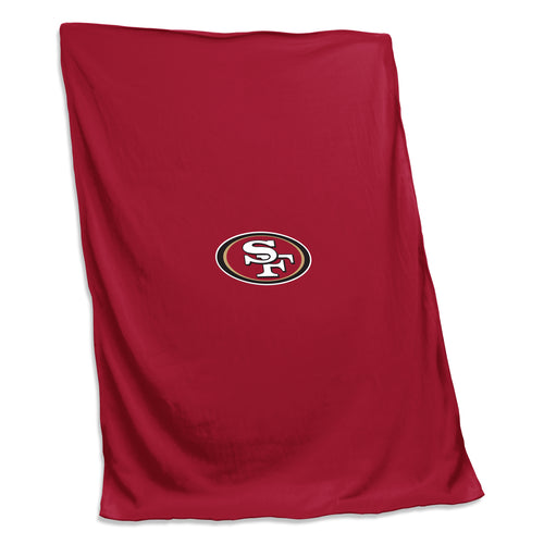 San Francisco 49ers sweatshirt blanket by Logo Brands, soft fleece with team logo and red and gold colors, ideal for fans.