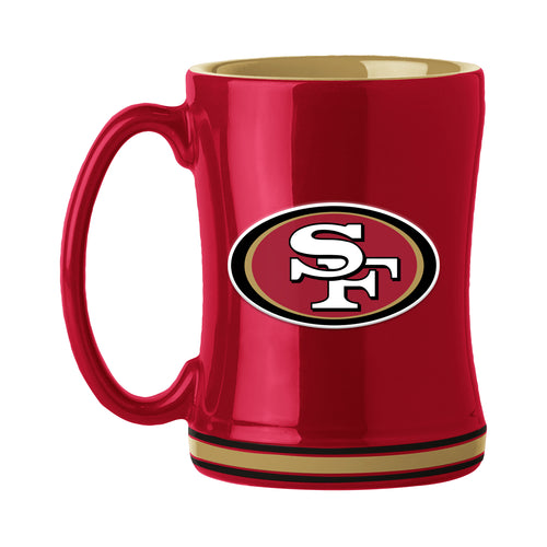 San Francisco 49ers 14oz Relief Mug with team logo and design, made by Logo Brands, featuring a sturdy ceramic drinkware.