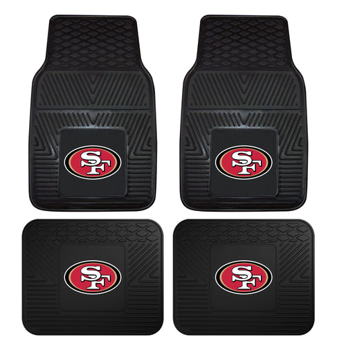 San Francisco 49ers NFL vinyl car mat set with four auto mats featuring team logo and red and gold colors, durable and easy to clean.