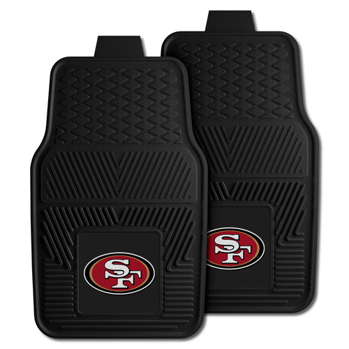 NFL San Francisco 49ers vinyl car mat set featuring team logos, 2-piece auto mat set for vehicle interior.