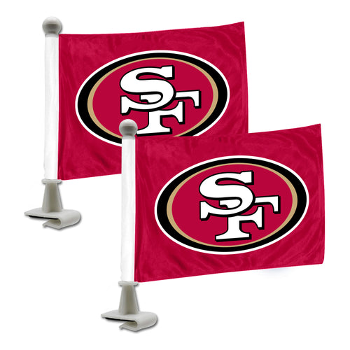 NFL San Francisco 49ers auto flag by Logo Brands, featuring team logo and colors, displayed on a vehicle window.