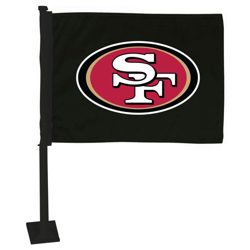 NFL San Francisco 49ers car flag with black background and pole, featuring team logo for vehicle display.