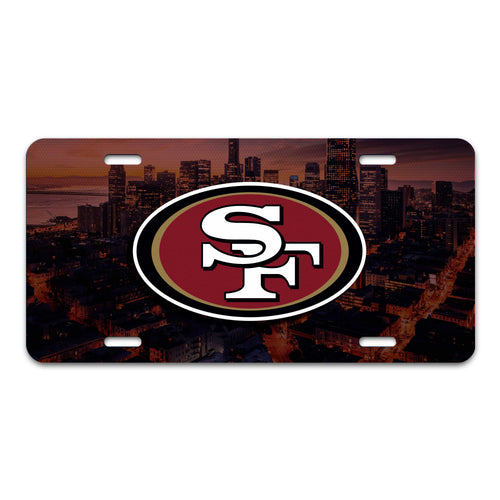 San Francisco 49ers flat metal license plate featuring team logo and red, gold, and white design for car or fan display.