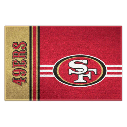 NFL San Francisco 49ers starter mat featuring team uniform design, made by Logo Brands, ideal for sports fans' rooms or game days.