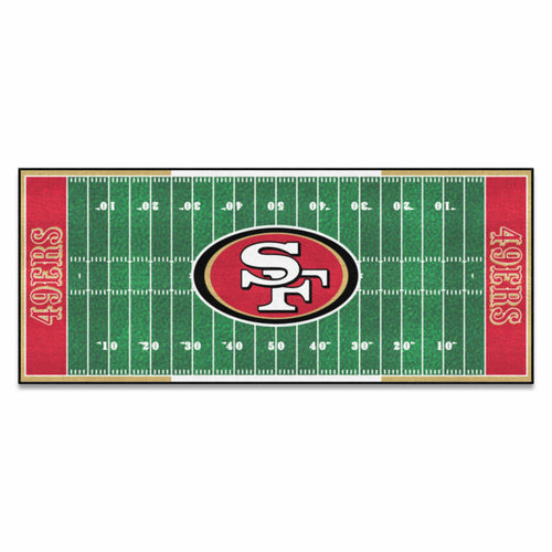 NFL San Francisco 49ers football field runner mat by Logo Brands with green turf design and team logo.