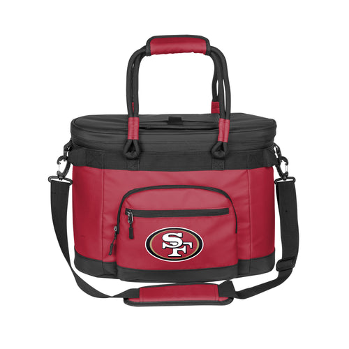 San Francisco 49ers logo 35-can flex cooler by Logo Brands, featuring team colors and a portable design for outdoor events.