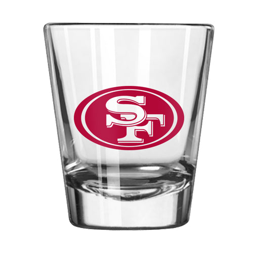 San Francisco 49ers 2oz Gameday shot glass with team logo and red and gold design, perfect for sports fans and collectors.