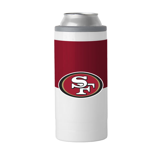 San Francisco 49ers 12oz colorblock slim can coolie, branded drinkware with red, gold, and white design for fans.