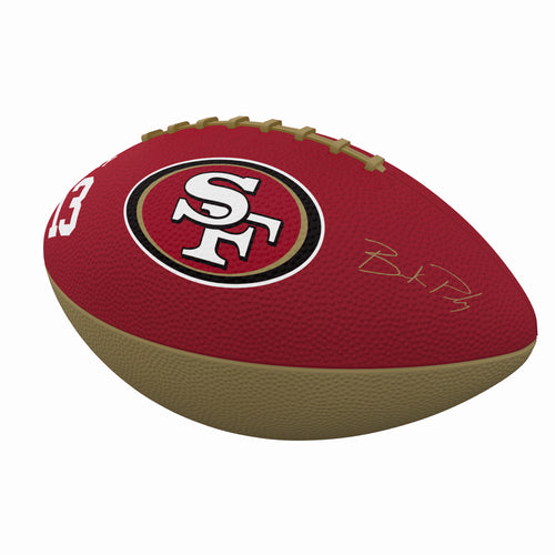 Junior size rubber football featuring the San Francisco 49ers logo and Brock Purdy player's image, perfect for recreation.
