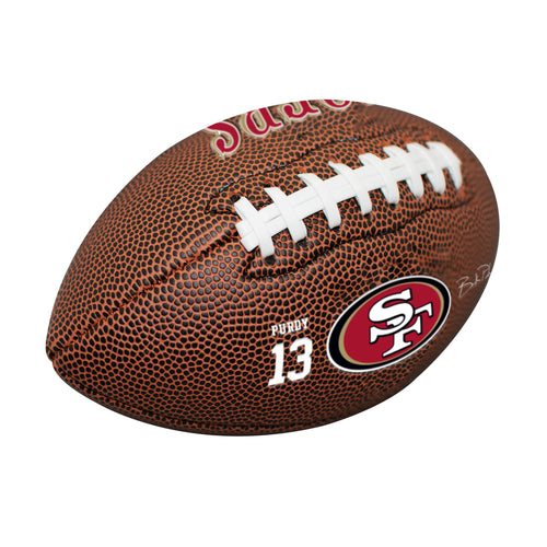 Mini composite football featuring San Francisco 49ers player Brock Purdy, recreation size, by Logo Brands.