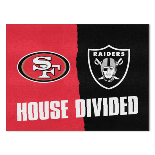 NFL House Divided mat featuring 49ers and Raiders logos, made by Logo Brands, with a colorful, durable design for sports fans.