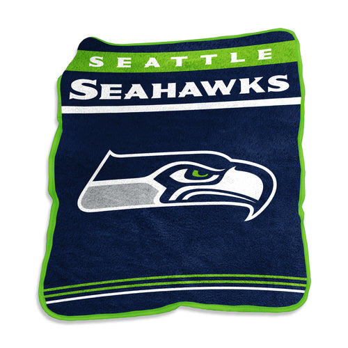 Seattle Seahawks Gameday Raschel throw blanket by Logo Brands featuring team logo and Seahawks colors for fans.