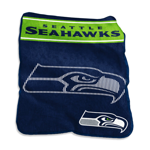 Seattle Seahawks 60x80 Raschel throw blanket by Logo Brands, featuring team logo and vibrant Seahawks colors.