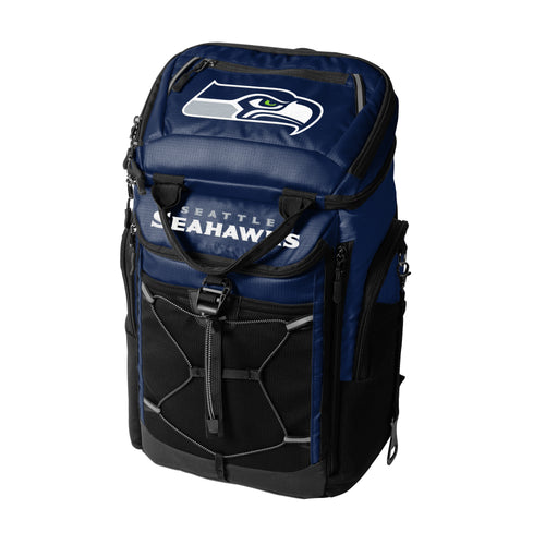 Seattle Seahawks 26-can backpack cooler by Logo Brands, featuring team logo and insulated main compartment for beverages.