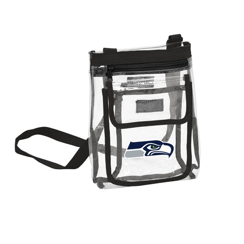 Seattle Seahawks Gameday clear crossbody bag by Logo Brands, featuring team colors and logo, with adjustable strap and transparent design.