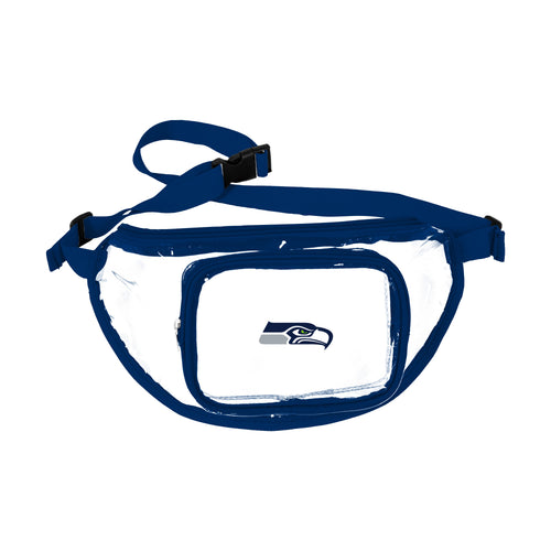 Seattle Seahawks clear fanny pack by Logo Brands, featuring team logo and adjustable strap, designed for convenient, sporty storage.