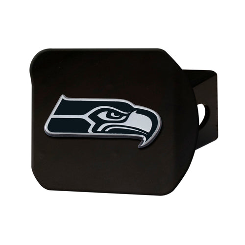 Seattle Seahawks chrome on black hitch cover featuring the team logo, designed for vehicle trailer hitch protection.